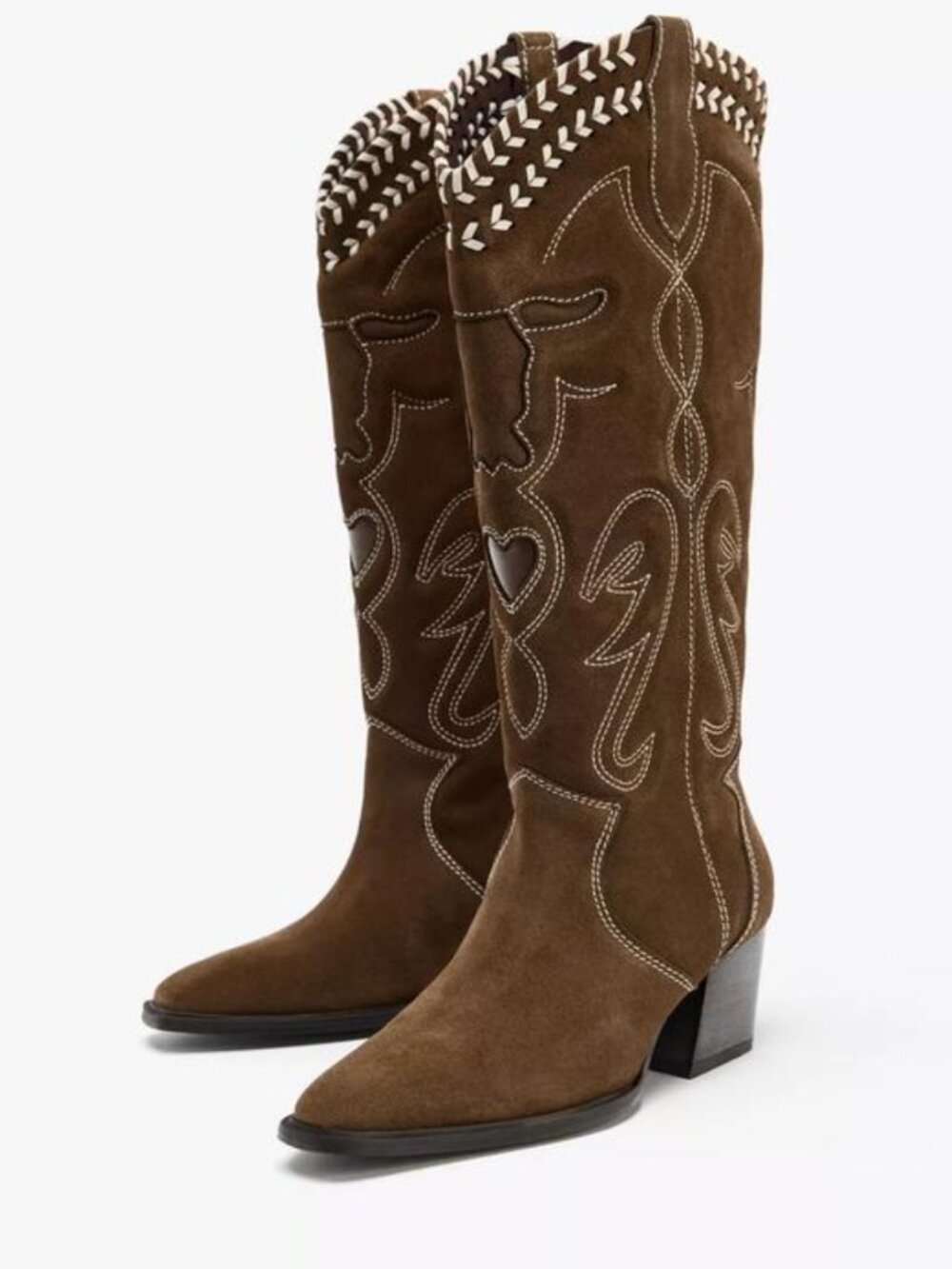 ZARA Suede Embroidered Cowboy Boots | Heart Cutout | Whipstitch | Brown | NWT | - Picture 2 of 16